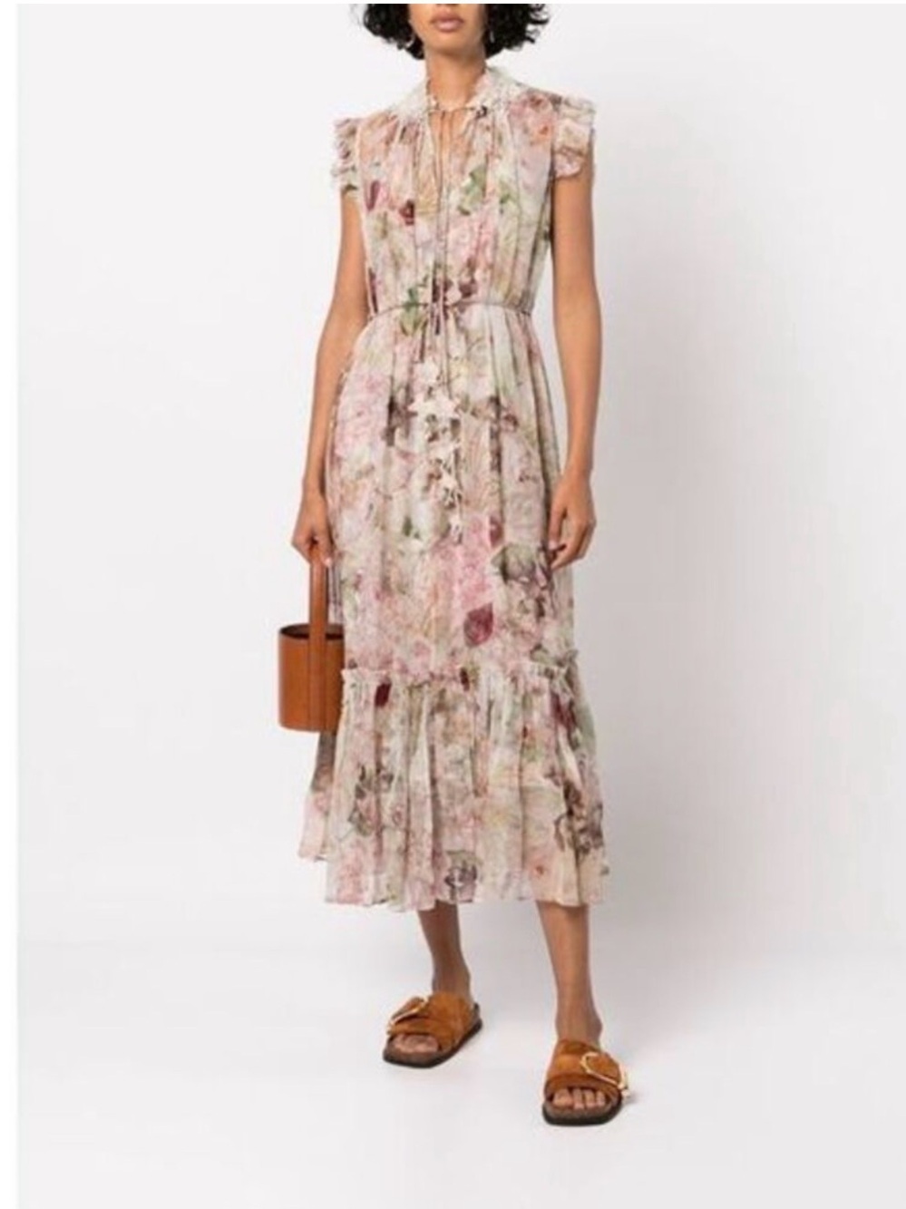 Zimmerman Dancer Flutter Ruffle Midi Dress in Soft Pink Floral Large size 10